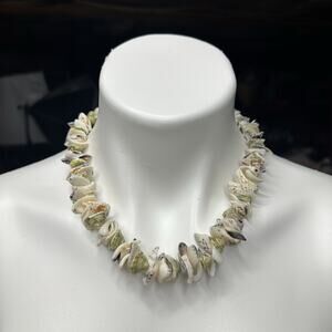 Shell Necklace Choker Cream Brown Green Chip Beads Beach Ocean Statement 19" Y2K